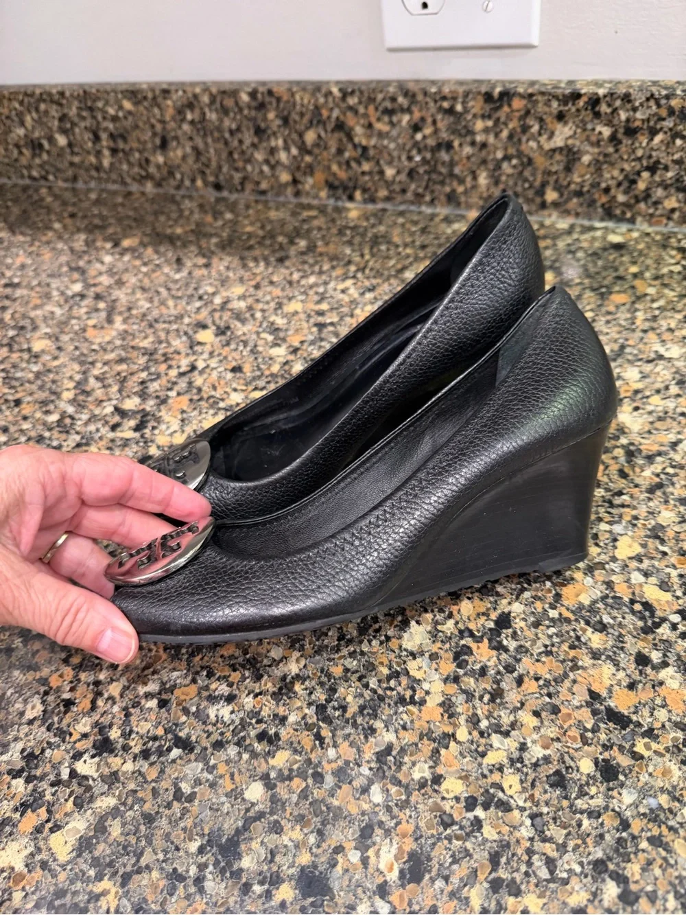 Tory Burch Black Leather Peep-Toe Heels with Silver Logo Medallions 7.5